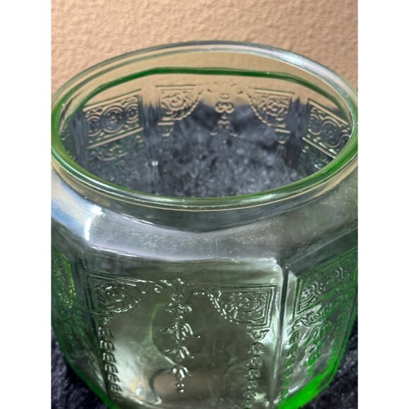 Vintage Uranium 1930's Green Depression Glass Octagonal Biscuit Cookie Jar - Picture 4 of 7